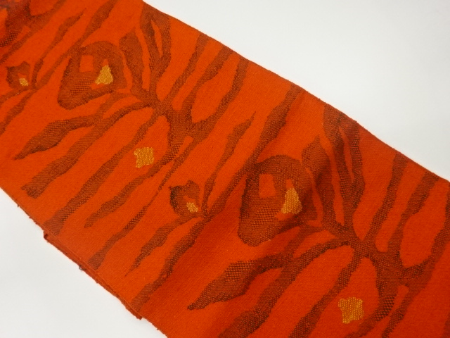 リサイクル　手織り真綿紬抽象花に葉模様織出し名古屋帯